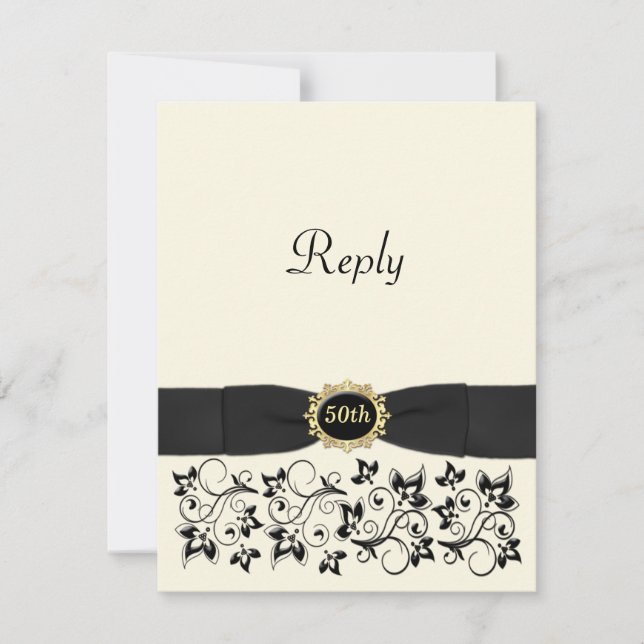 PRINTED BOW Ivory, Gold, Black Floral Reply Card (Front)