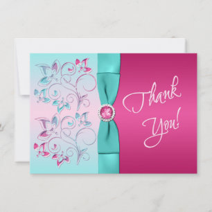 PRINTED BOW Pink, Aqua Floral PHOTO Thank You Card