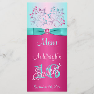 PRINTED BOW Pink, Aqua Floral Sweet 16 Menu Card