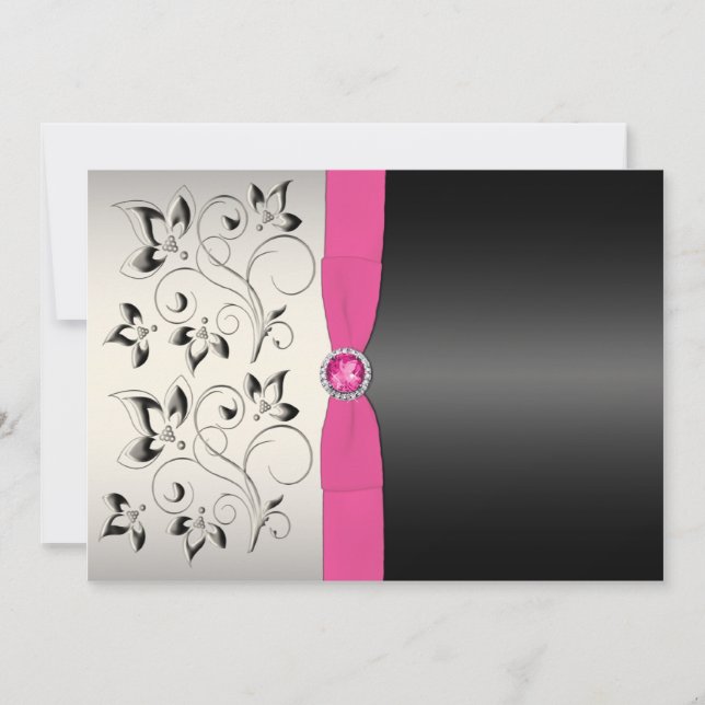 PRINTED BOW Pink Black Grey Floral Wedding Invite (Front)