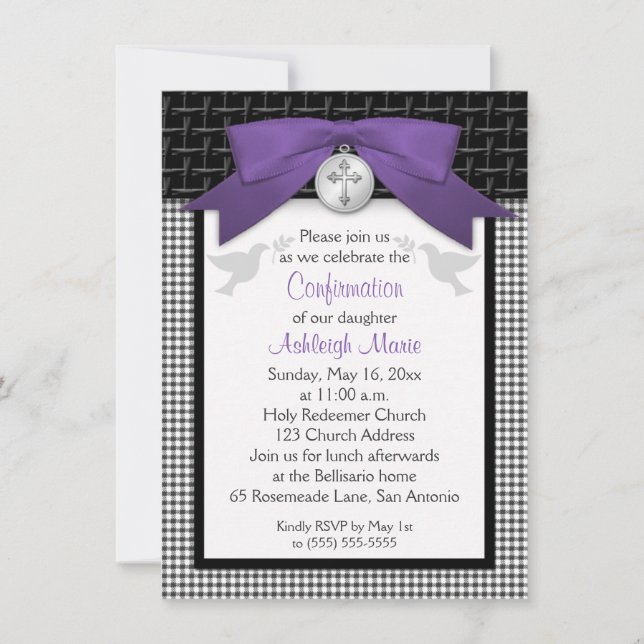 PRINTED BOW Purple First Holy Confirmation Invite (Front)