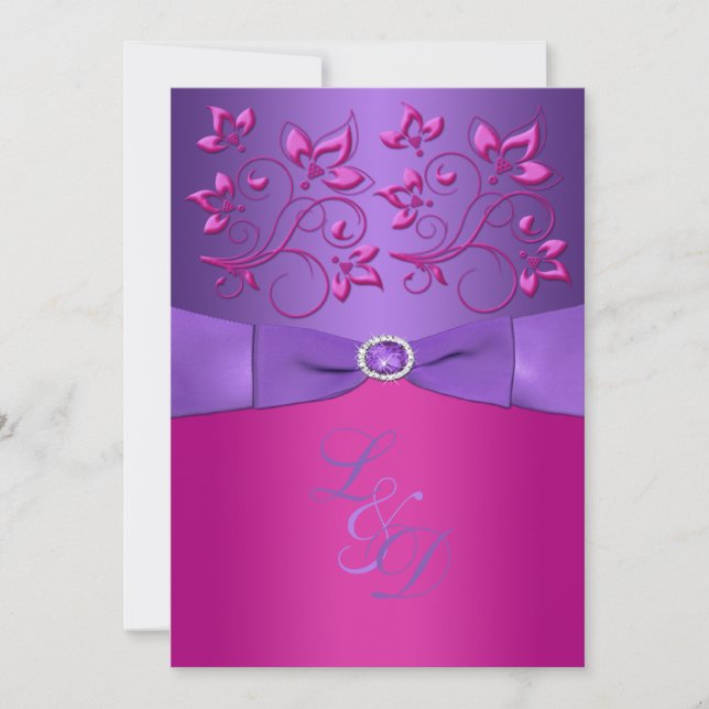 PRINTED BOW Purple Fuchsia Floral Monogram Invite (Front)