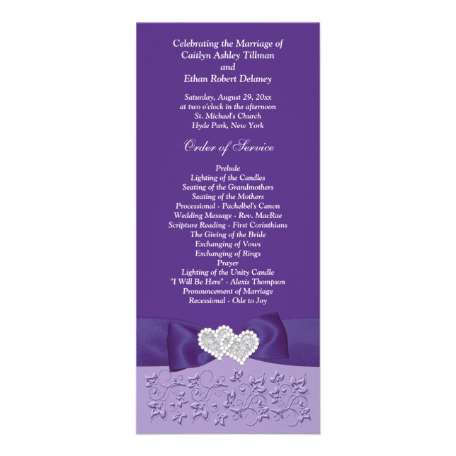 PRINTED BOW Purple White Floral Wedding Program Rack Card (Front)