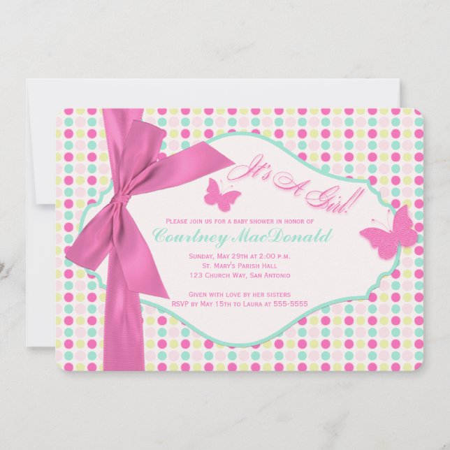 PRINTED BOW/Ribbon Hot Pink Polka Dots Baby Shower Invitation (Front)