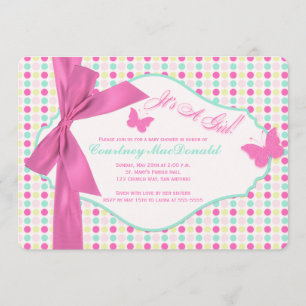 PRINTED BOW/Ribbon Hot Pink Polka Dots Baby Shower Invitation