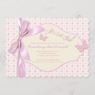 PRINTED BOW/Ribbon Pink Polka Dots Baby Shower Invitation
