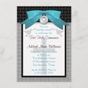 PRINTED BOW Teal First Holy Communion Invitation