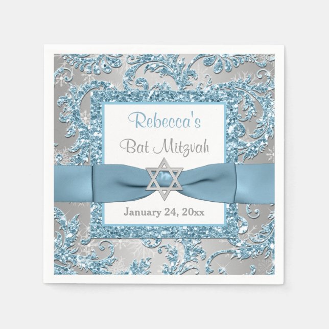 PRINTED Bow, Winter Wonderland Bat Mitzvah Napkins (Front)
