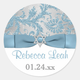PRINTED Bow - Winter Wonderland Damask Bat Mitzvah Classic Round Sticker
