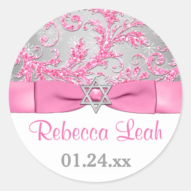 PRINTED Bow - Winter Wonderland Damask Bat Mitzvah Classic Round Sticker (Front)