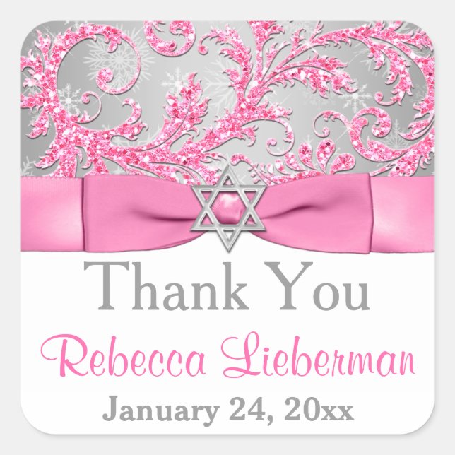 PRINTED Bow - Winter Wonderland Damask Bat Mitzvah Square Sticker (Front)