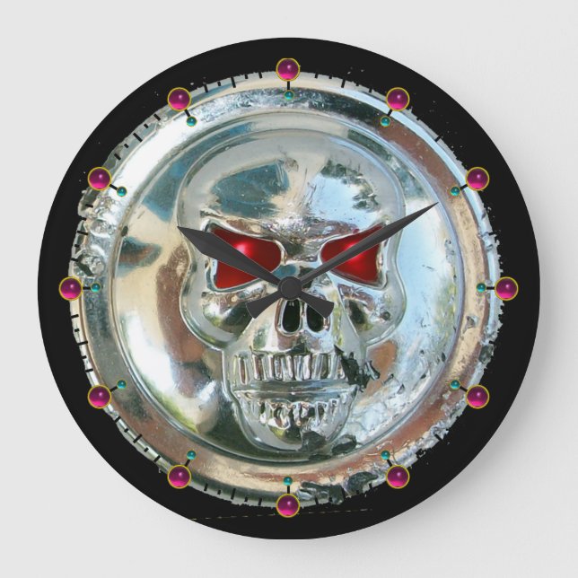 PRINTED CHROME SKULL Red Ruby Gems Large Clock (Front)