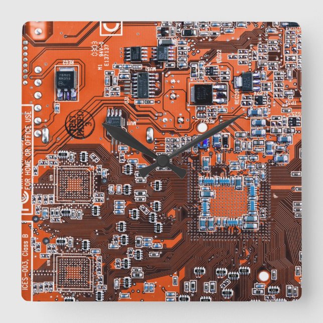 Printed Circuit Assembly PCB Orange Circuit Board Square Wall Clock (Front)