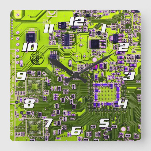 Printed Circuit Assembly PCB Yellow Circuit Board Square Wall Clock (Front)