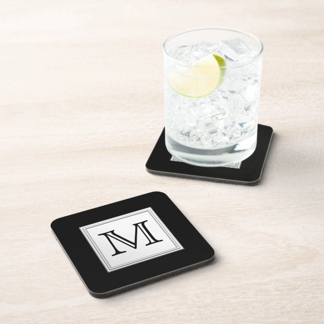 Printed Custom Monogram. Black and Pale Grey. Coaster (Right Side)