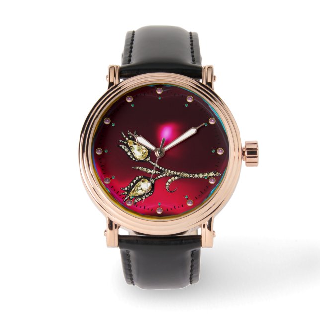 PRINTED DIAMOND TULIPS MONOGRAM ,Red Ruby Gems Watch (Front)