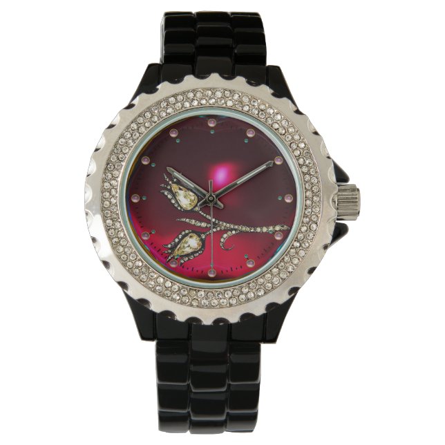 PRINTED DIAMOND TULIPS ,Red Ruby Gemstones Watch (Front)
