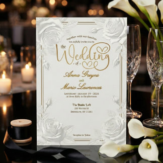 Printed Embossed White Rose Faux Gold Wedding  Invitation