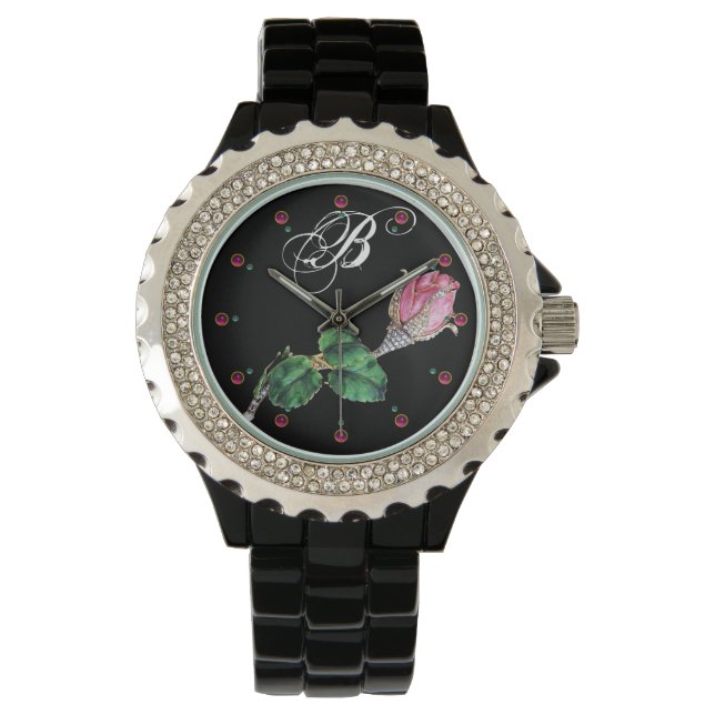 PRINTED ENAMEL ROSEBUD JEWEL AND DIAMONDS MONOGRAM WATCH (Front)