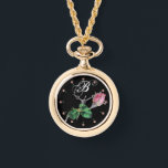 PRINTED ENAMEL ROSEBUD JEWEL AND DIAMONDS MONOGRAM WATCH<br><div class="desc">Elegant floral design with pink rosebud with diamonds and 3D pink gemstones.</div>