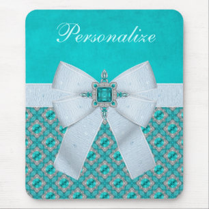 Printed Faux Bow & Aquamarine & Silver Jewels Mouse Mat