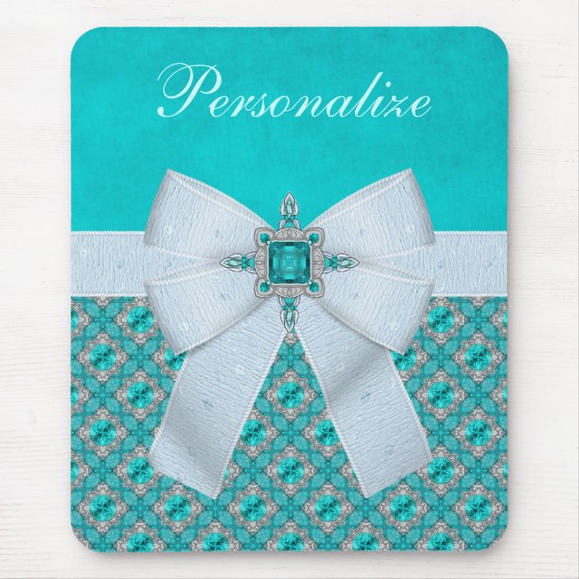 Printed Faux Bow & Aquamarine & Silver Jewels Mouse Mat (Front)