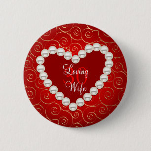Printed Faux pearl red and gold anniversary 6 Cm Round Badge