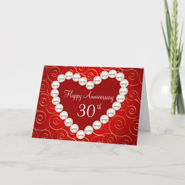 Printed Faux pearl red and gold anniversary Card (Front)