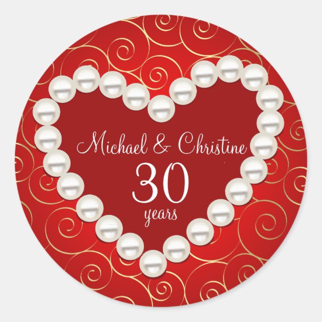 Printed Faux pearl red and gold anniversary Classic Round Sticker (Front)