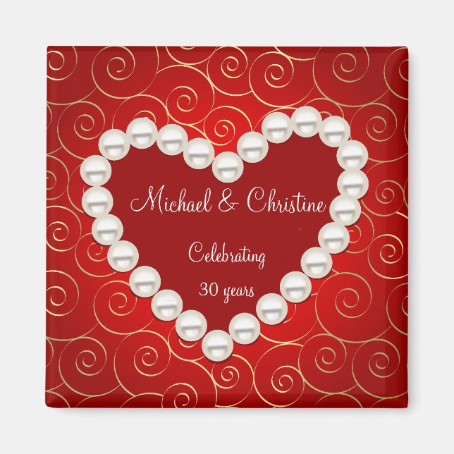 Printed Faux pearl red and gold anniversary Magnet (Front)