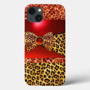 PRINTED GIRAFFE LEOPARD SKIN BOW,RED RUBY GEMSTONE iPhone 13 CASE