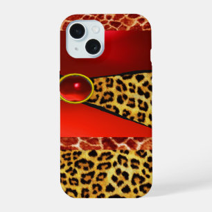 PRINTED GIRAFFE LEOPARD SKIN RED RUBY GEMSTONE iPhone 15 CASE