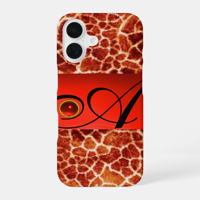 PRINTED GIRAFFE SKIN RED RUBY GEMSTONE MONOGRAM, iPhone 16 CASE (Back)