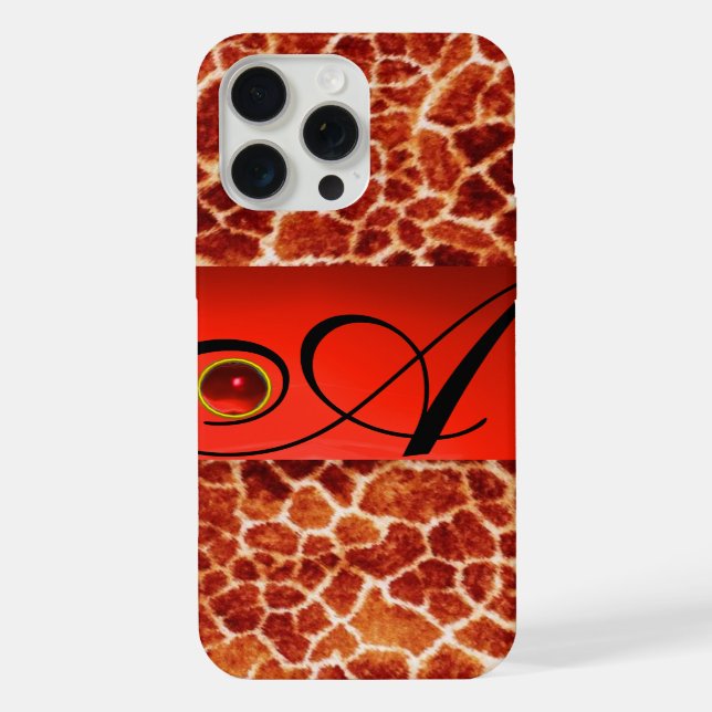 PRINTED GIRAFFE SKIN RED RUBY GEMSTONE MONOGRAM, iPhone CASE (Back)