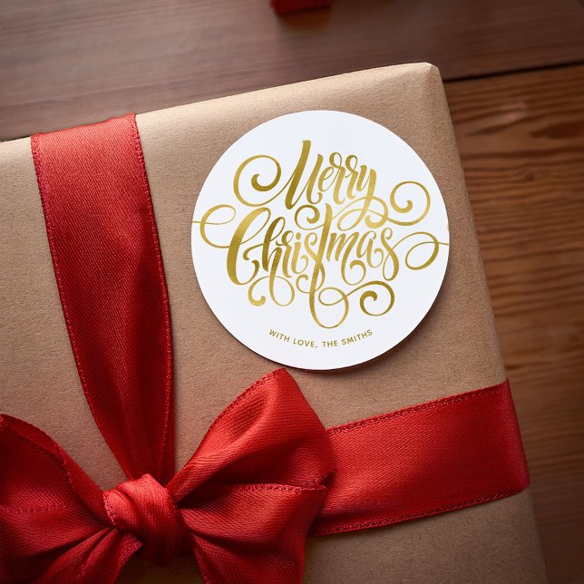  Printed Gold Foil Fancy Script "Merry Christmas"  Classic Round Sticker (Creator Uploaded)
