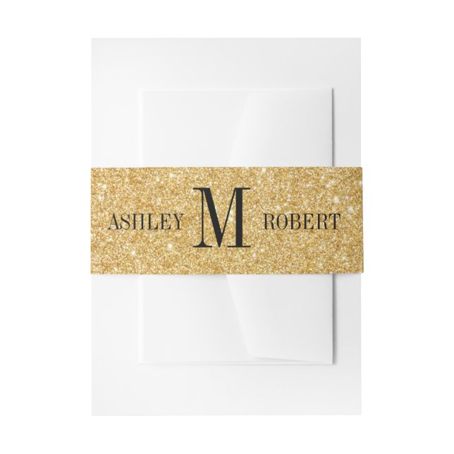 Printed Gold Glitter Monogram Wedding Invitation Invitation Belly Band (Front Example)