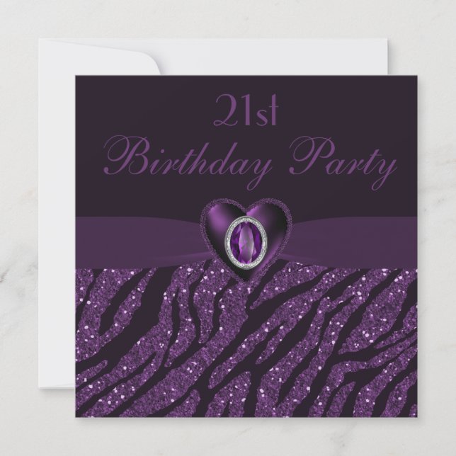 Printed Jewel Heart & Zebra Glitter 21st Birthday Invitation (Front)