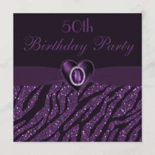 Printed Jewel Heart & Zebra Glitter 50th Birthday Invitation