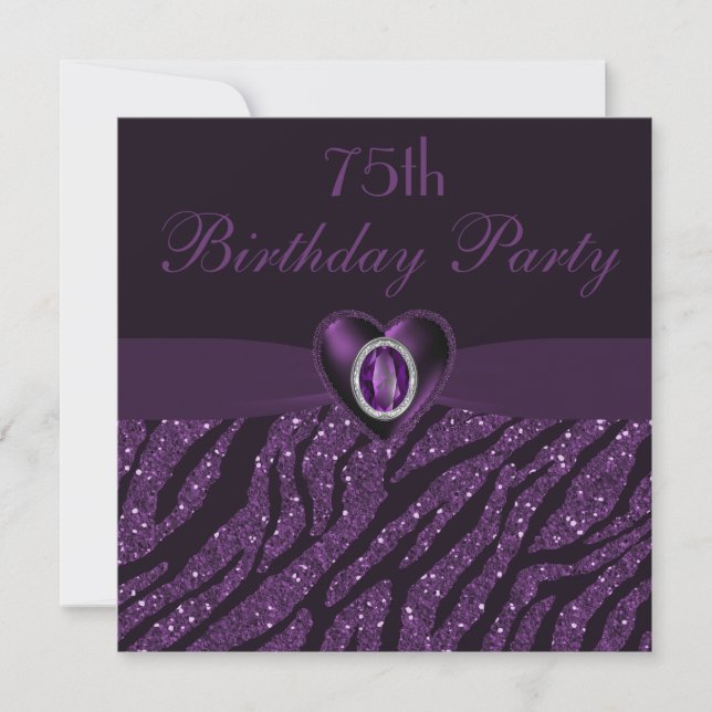 Printed Jewel Heart & Zebra Glitter 75th Birthday Invitation (Front)