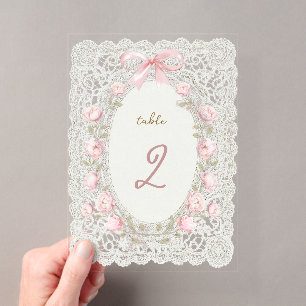 printed lace frame pink peonies table number