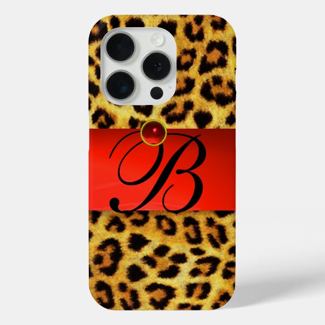 PRINTED LEOPARD FUR RED RUBY GEMSTONE MONOGRAM, Case-Mate iPhone CASE (Back)