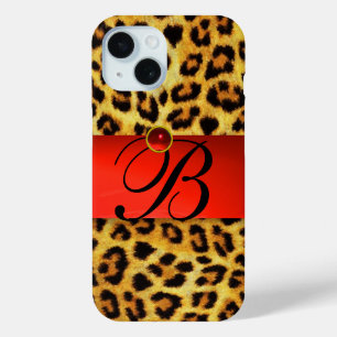 PRINTED LEOPARD FUR RED RUBY GEMSTONE MONOGRAM, iPhone 15 CASE