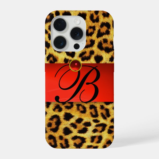 PRINTED LEOPARD FUR RED RUBY GEMSTONE MONOGRAM, iPhone CASE (Back)