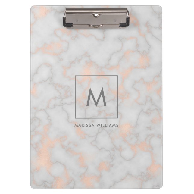 Printed Marble and Rose Gold Texture Monogram Clipboard (Front)