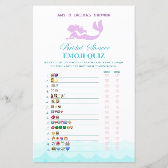 Printed Mermaid Bridal Shower Game, Wedding Shower (Front)