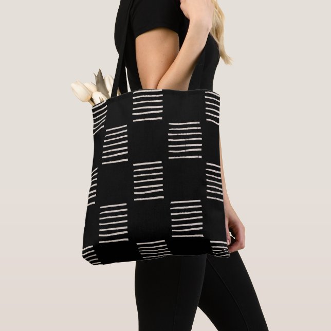 Printed Mud Cloth Tote Bag, Black Lines (Close Up)