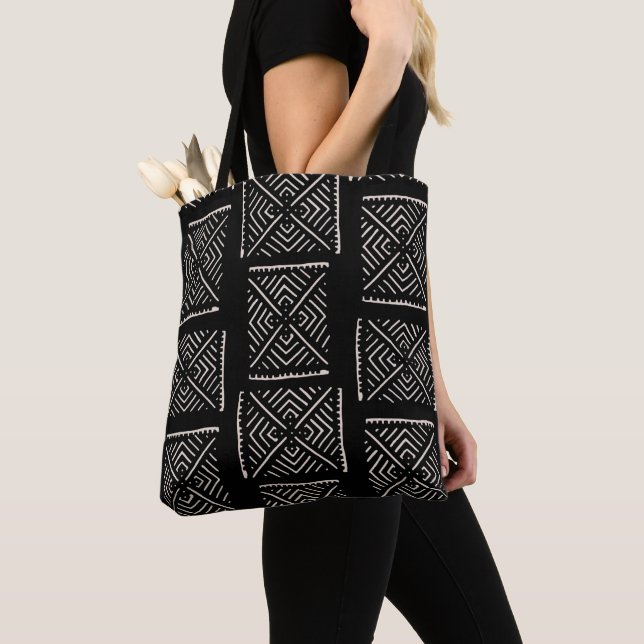 Printed Mud Cloth XL Diamonds Black Tote Bag (Close Up)