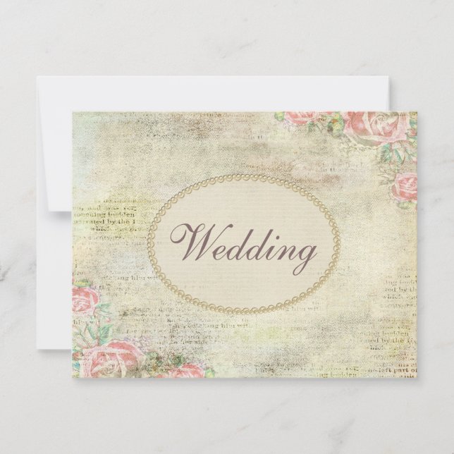 Printed Pearls & Lace Shabby Chic Roses Wedding Invitation (Front)