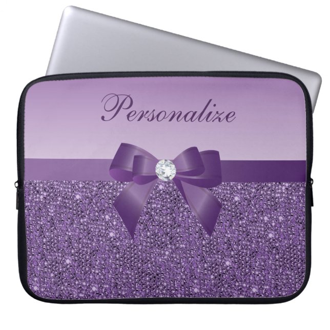 Printed Purple Sequins, Bow & Diamond Laptop Sleeve (Front)