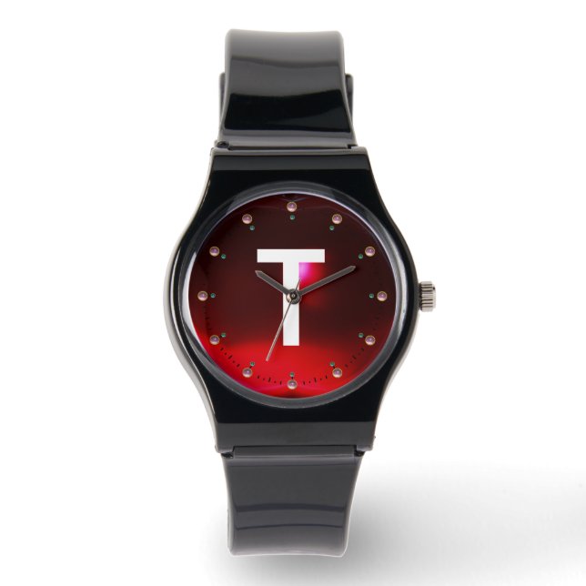 PRINTED RED BURGUNDY RUBY GEMSTONE MONOGRAM WATCH (Front)
